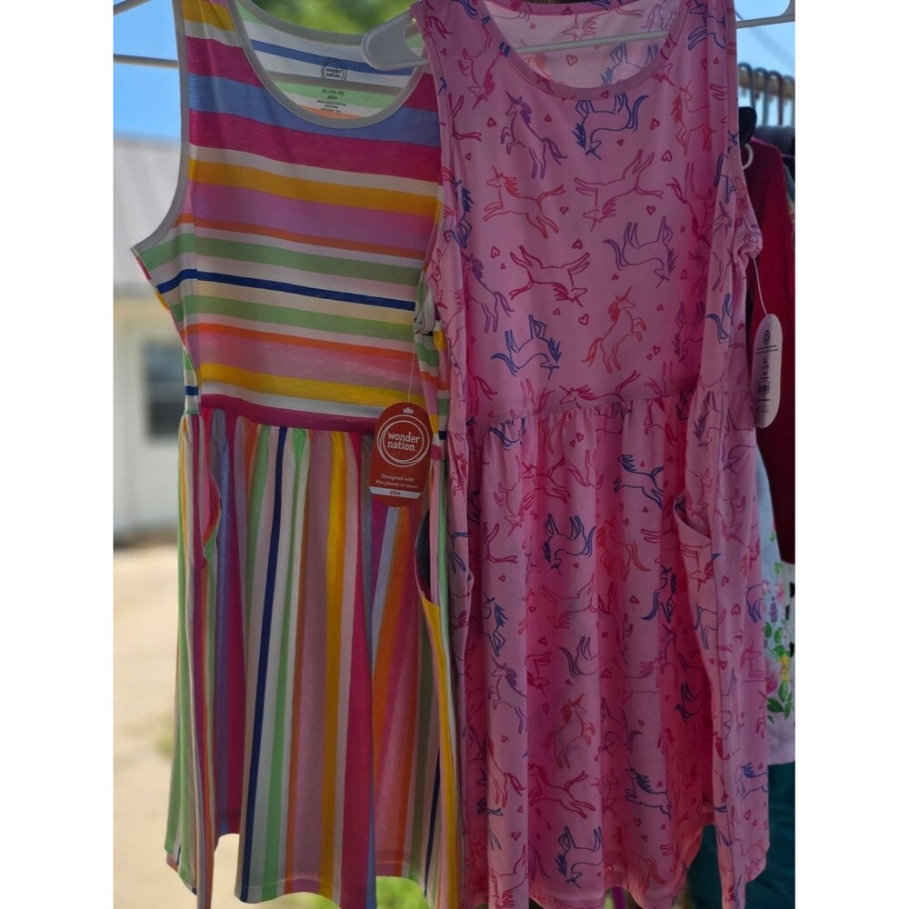 NWT wonder nation Pink Unicorn & Multicolor Stripe Girls' Casual Dresses Size XL